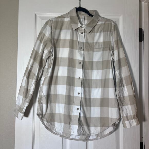 Lululemon Tan and White Full Day Ahead Plaid Button Up Shirt Size 8 - Picture 1 of 6